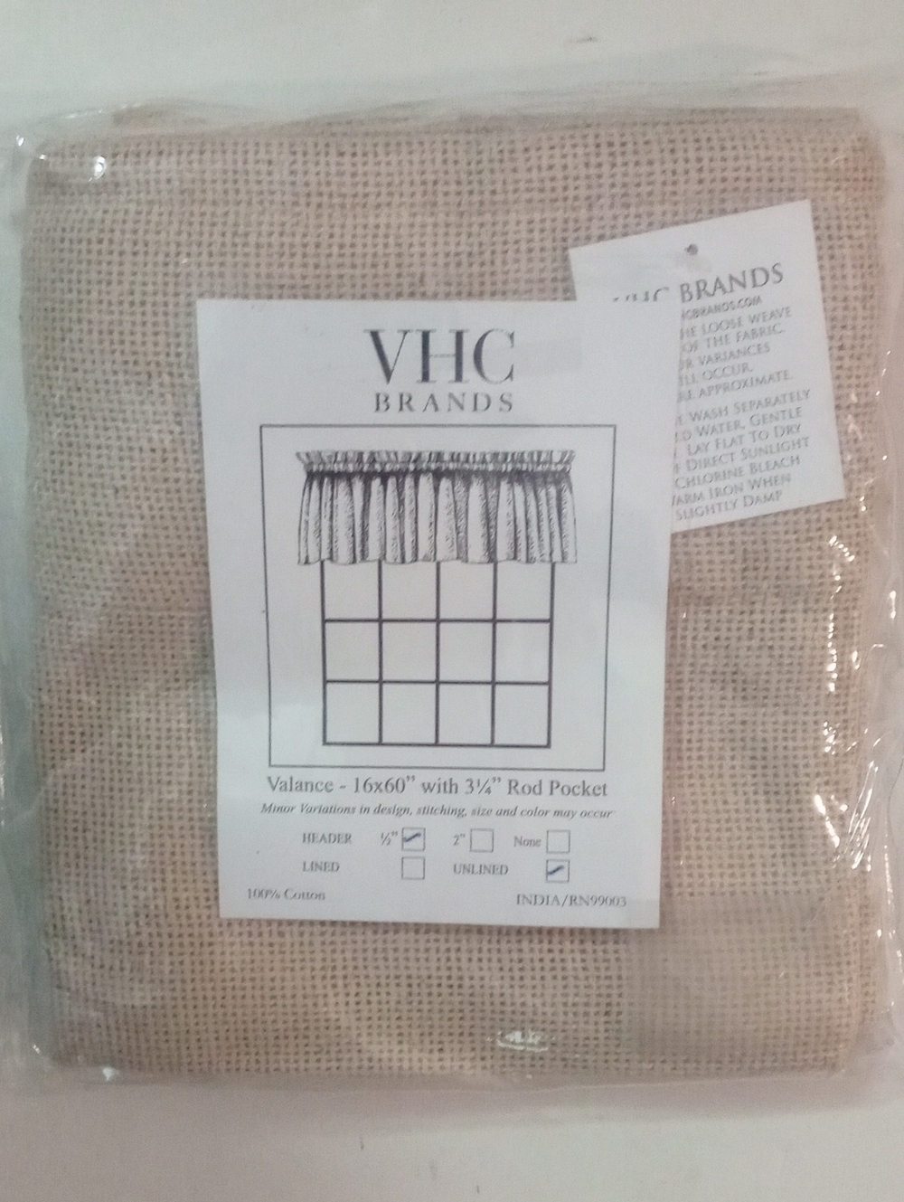 VHC Brands Burlap Valance in Natural Beige NWT $40 16" Long Rod Pocket